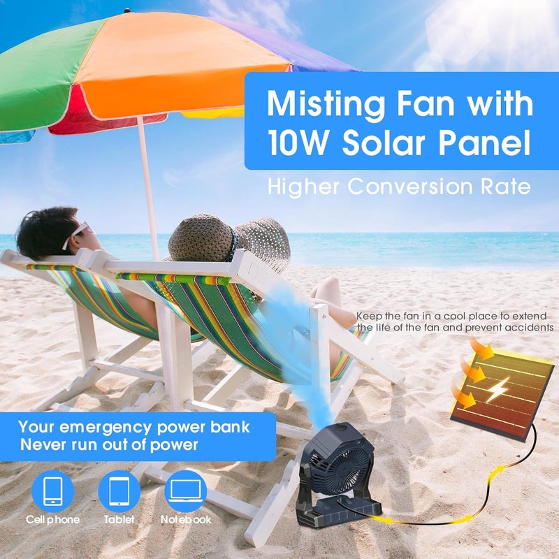 Ausic 10W Misting Solar Fan, 250ml Portable Outdoor Fans with Solar Panel, 8 Inch Battery Operated Rechargeable Cooling Fans with Hook, Camping Water Spray Fan for Travel/Beach/Patios/Chicken Coop - Image 4